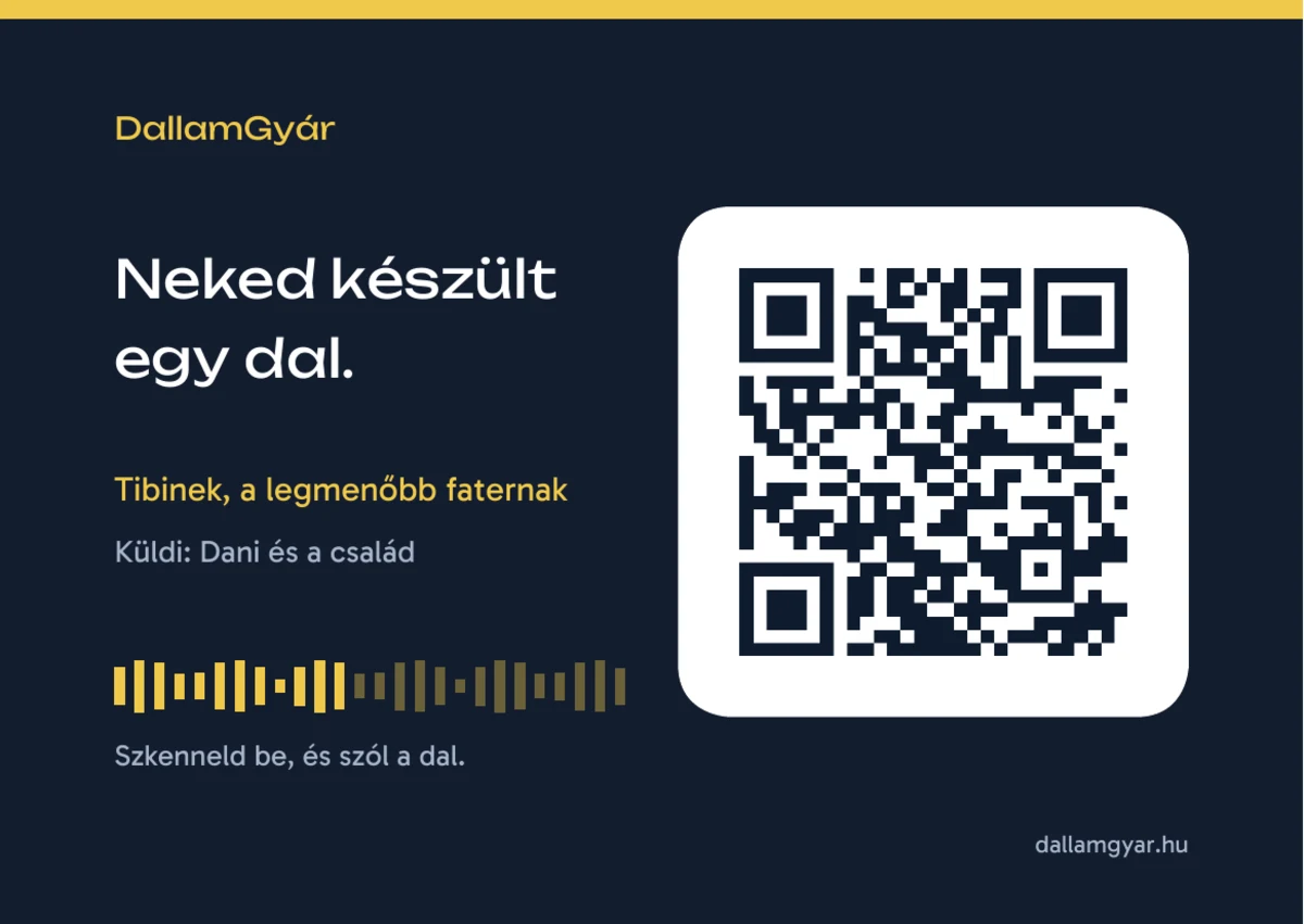 Ajándékkártya a dal címzettjének nevével és QR-kóddal
